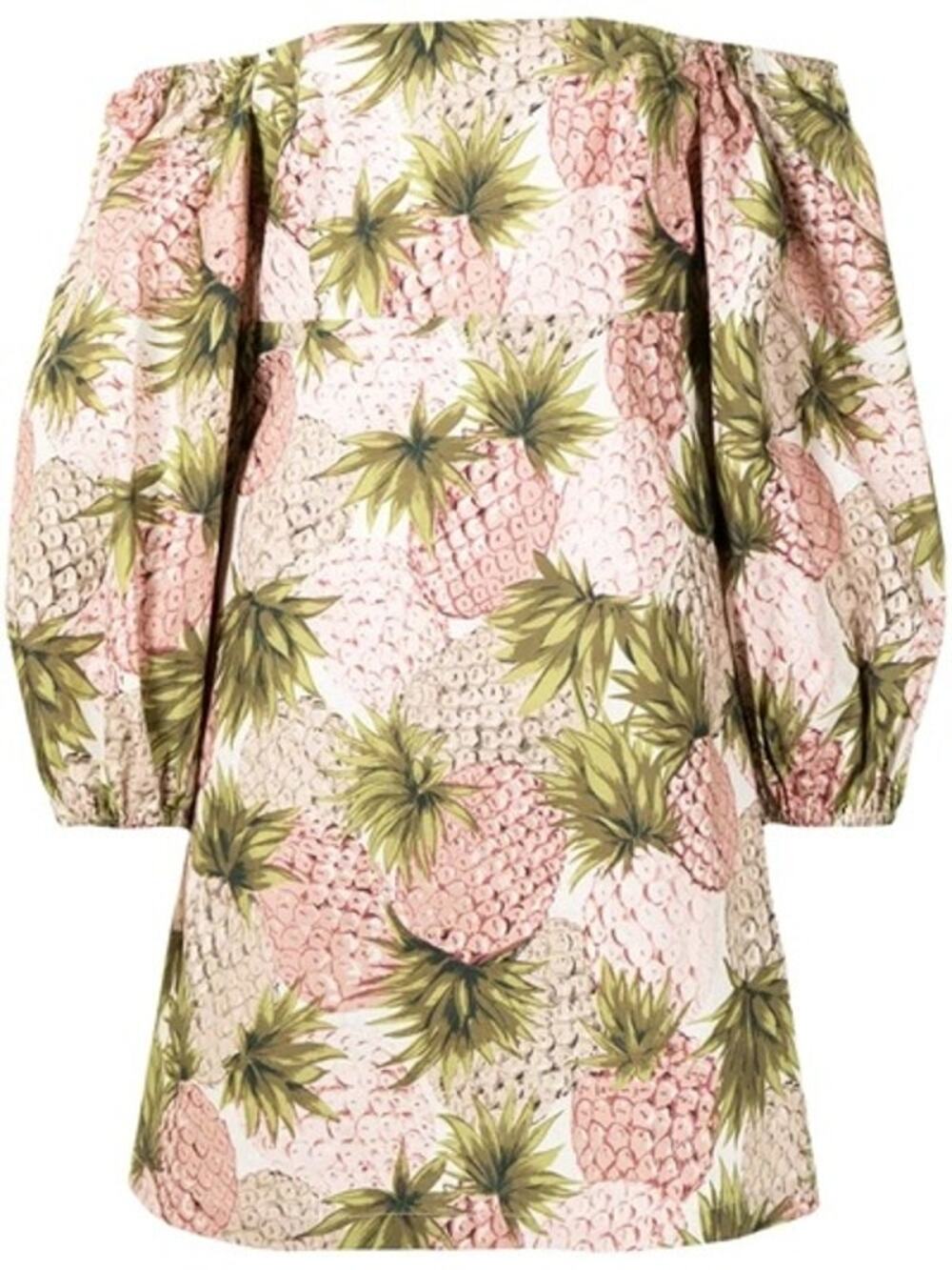 Cara Cara Pink Green Tropical Summer Pineapple Print Off Shoulder Mini Dress M
